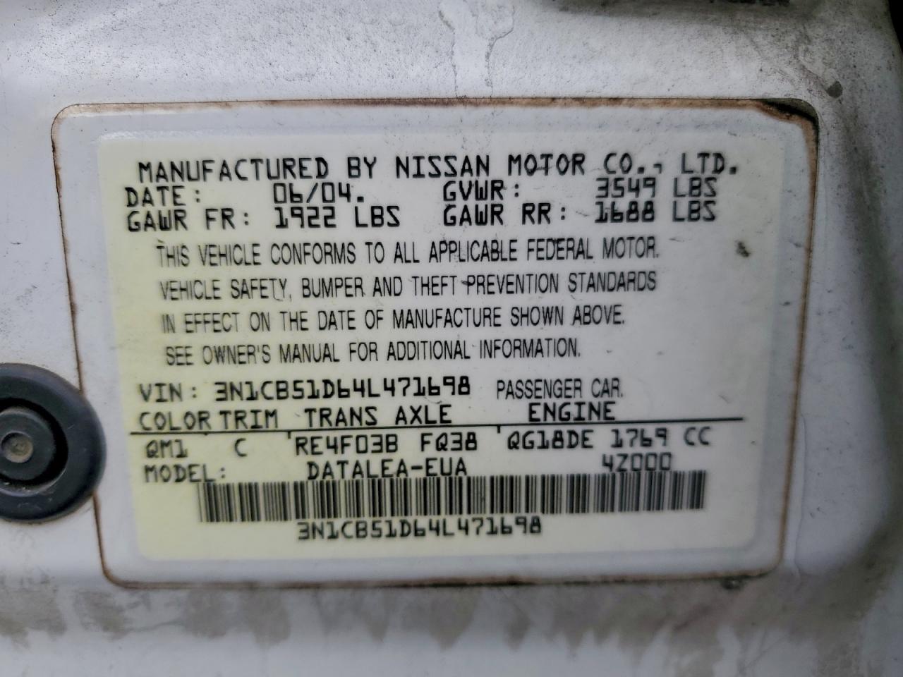 2004 Nissan Sentra 1.8 VIN: 3N1CB51D64L471698 Lot: 93987535