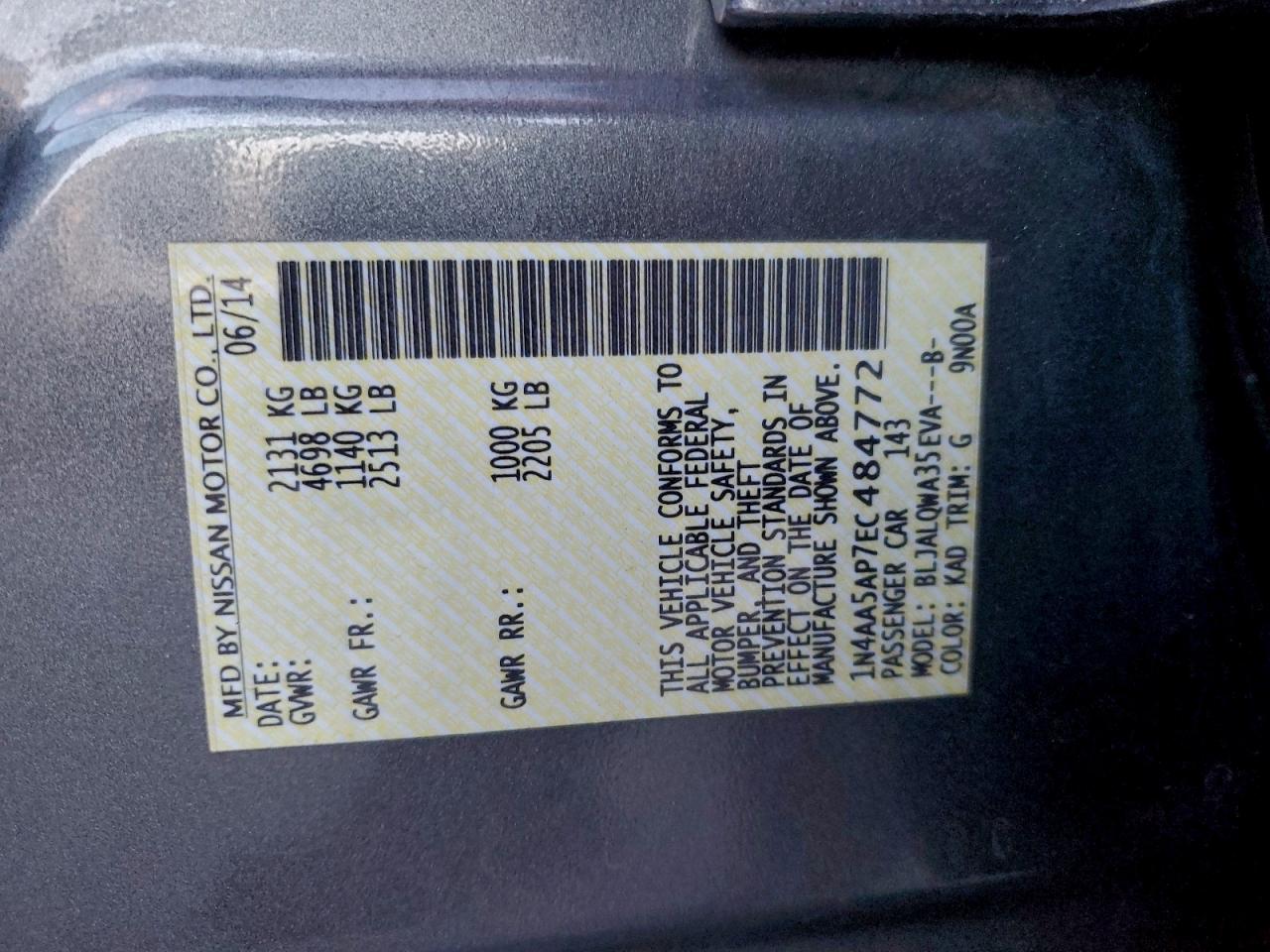 2014 Nissan Maxima S VIN: 1N4AA5AP7EC484772 Lot: 95517935