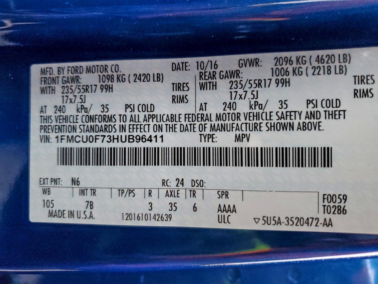 2017 Ford Escape S VIN: 1FMCU0F73HUB96411 Lot: 95515485