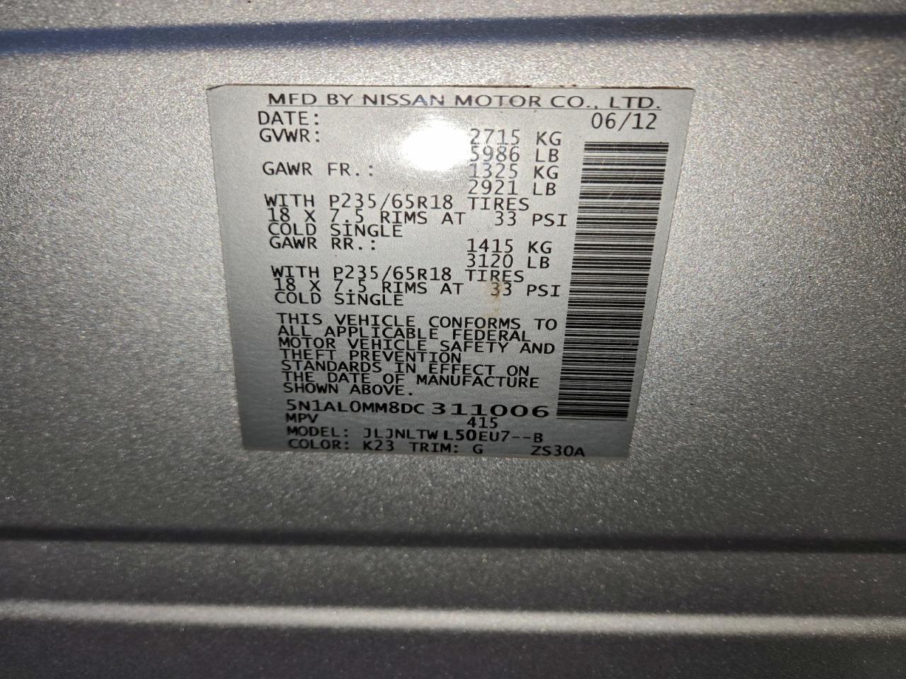 2013 Infiniti Jx35 VIN: 5N1AL0MM8DC311006 Lot: 95211005