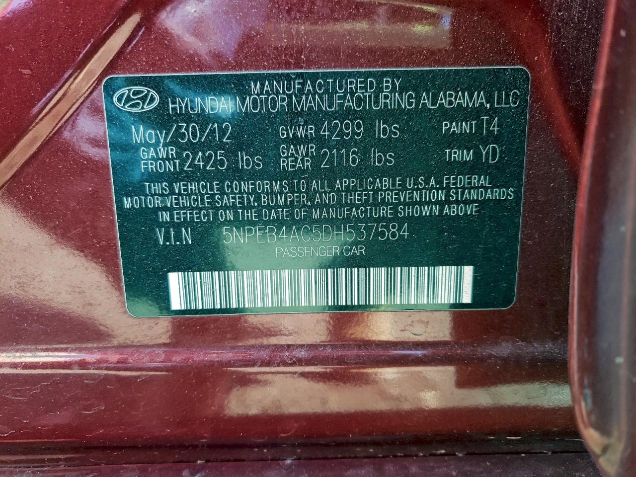 2013 Hyundai Sonata Gls VIN: 5NPEB4AC5DH537584 Lot: 94302155