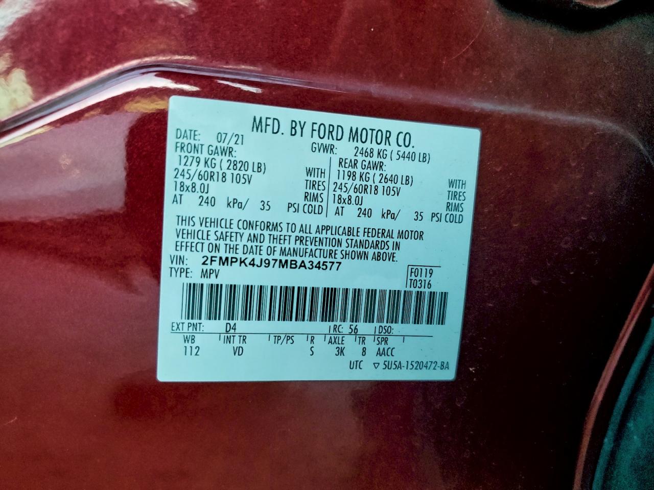 2021 Ford Edge Sel VIN: 2FMPK4J97MBA34577 Lot: 96118085