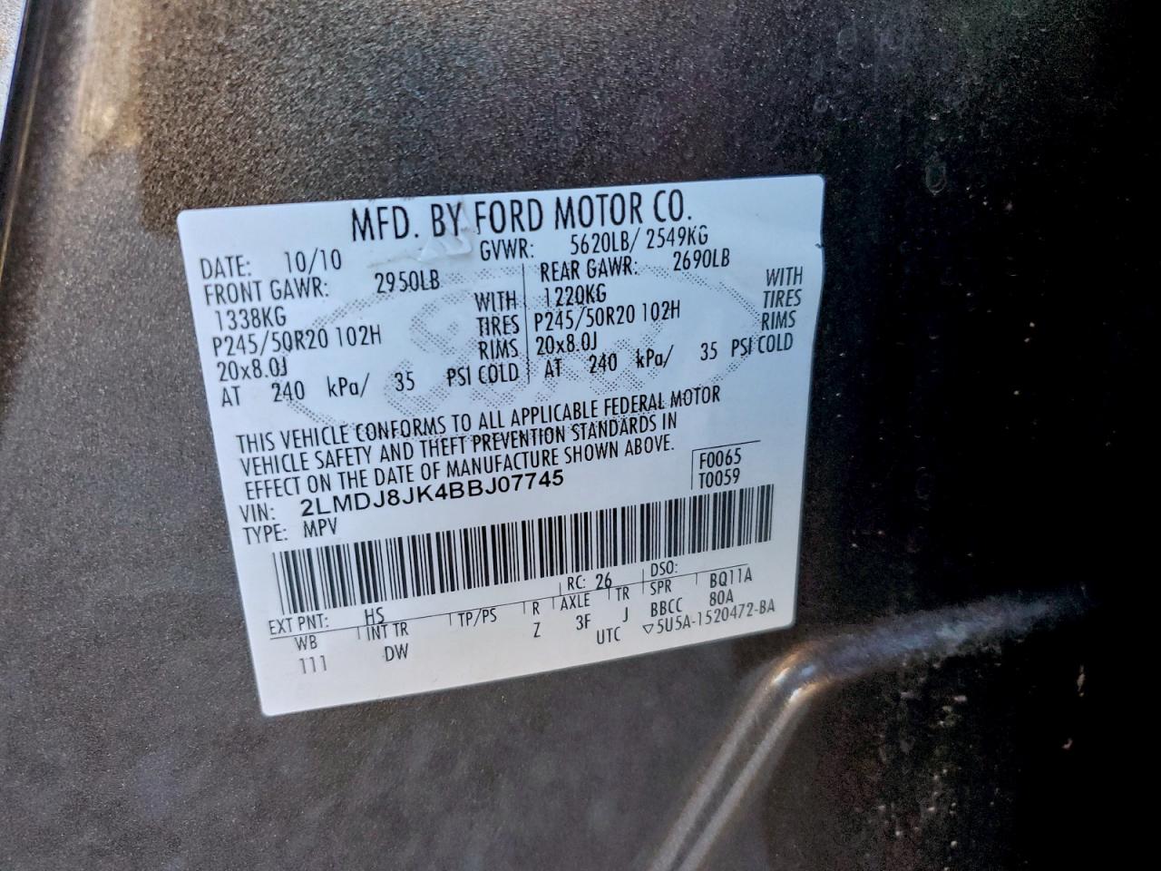 2011 Lincoln Mkx VIN: 2LMDJ8JK4BBJ07745 Lot: 96272255