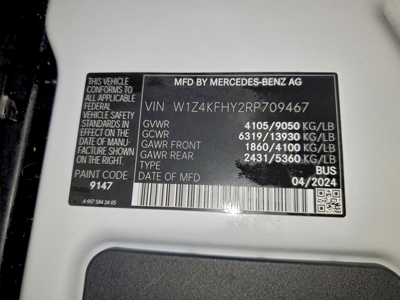 2024 Mercedes-Benz Sprinter 2500 VIN: W1Z4KFHY2RP709467 Lot: 96801365