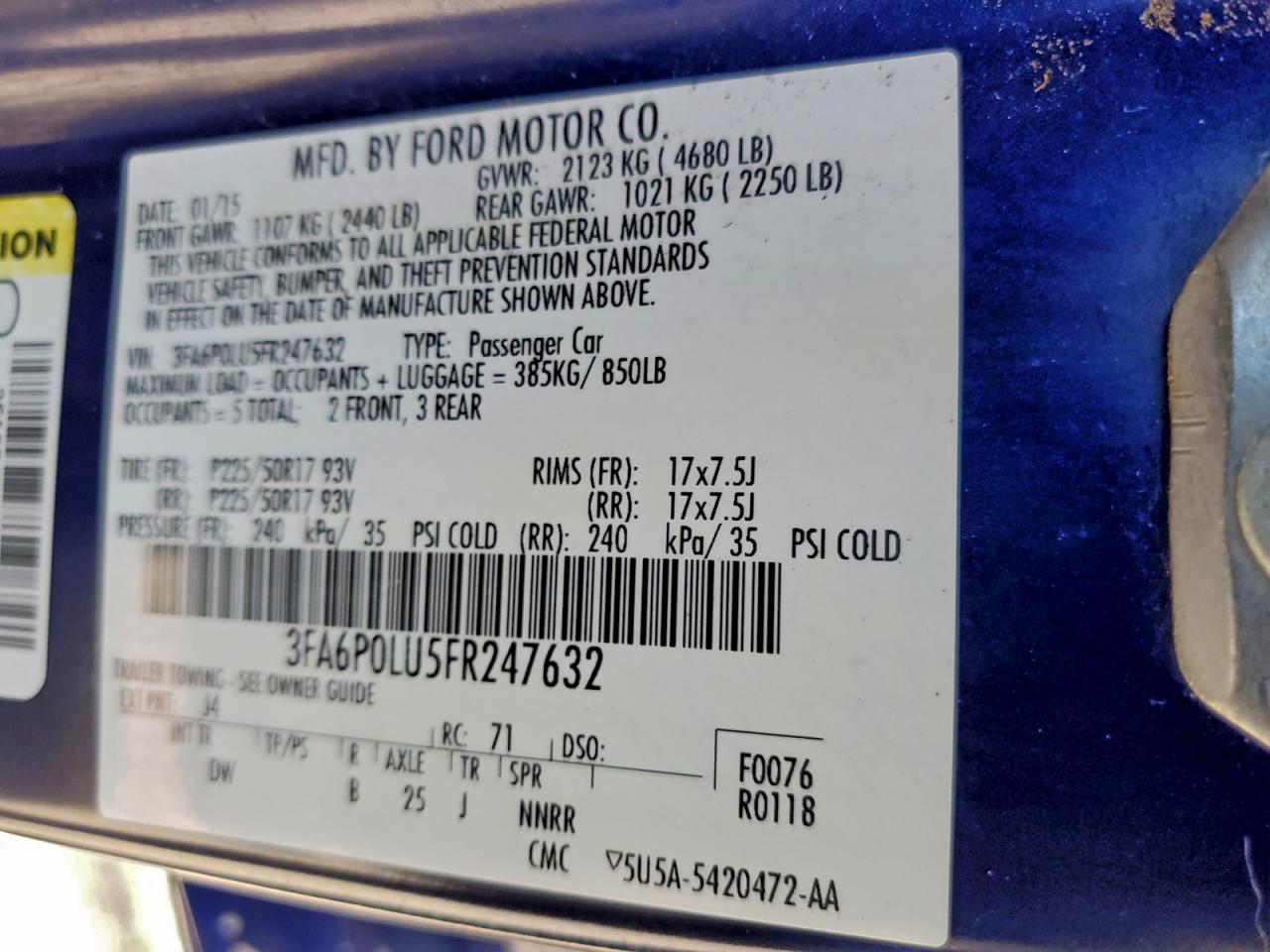 2015 Ford Fusion Se Hybrid VIN: 3FA6P0LU5FR247632 Lot: 95792575