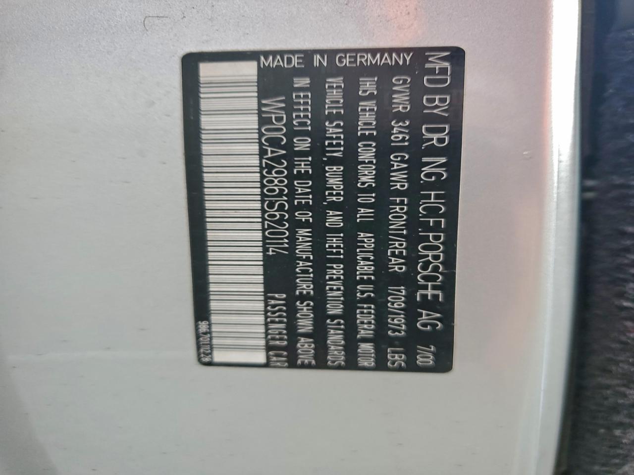 2001 Porsche Boxster VIN: WP0CA29861S620114 Lot: 96741815