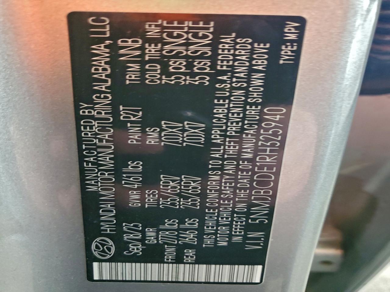 2024 Hyundai Tucson Sel VIN: 5NMJBCDE1RH325940 Lot: 96292925