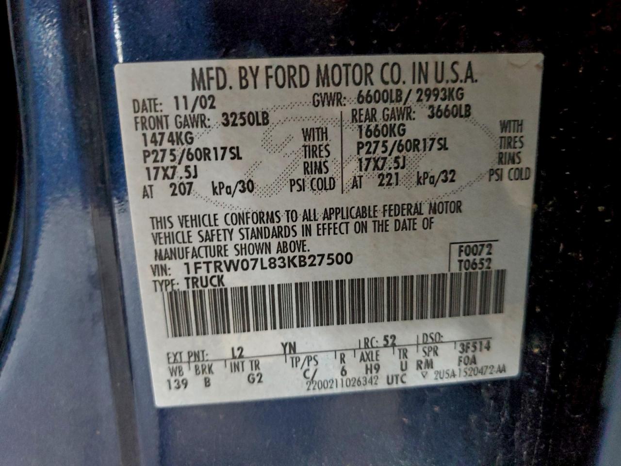 2003 Ford F150 Supercrew VIN: 1FTRW07L83KB27500 Lot: 95484065