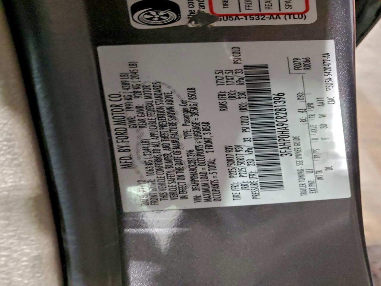 2012 Ford Fusion Se VIN: 3FAHP0HA9CR281396 Lot: 94140105