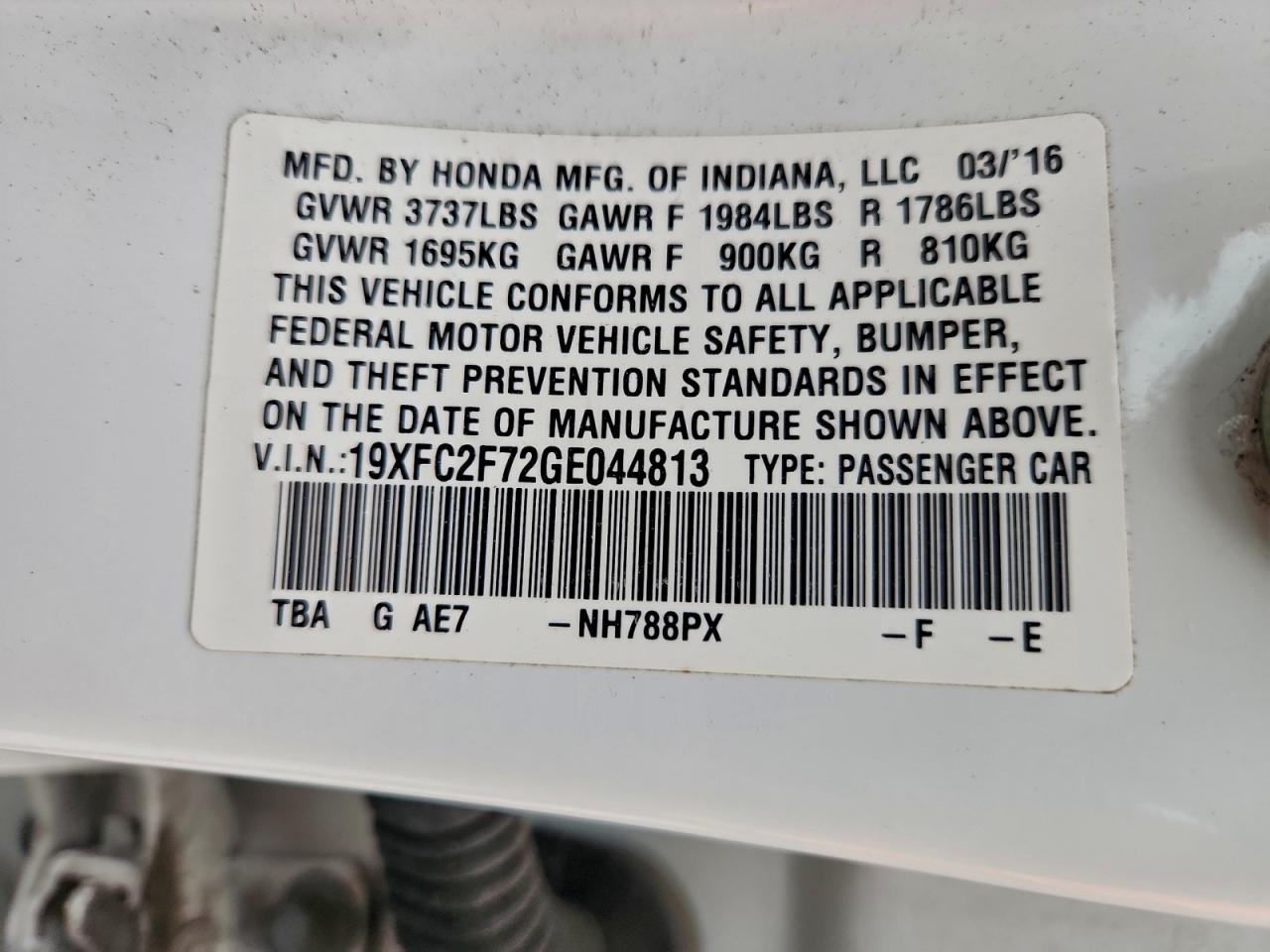 2016 Honda Civic Ex VIN: 19XFC2F72GE044813 Lot: 94411535