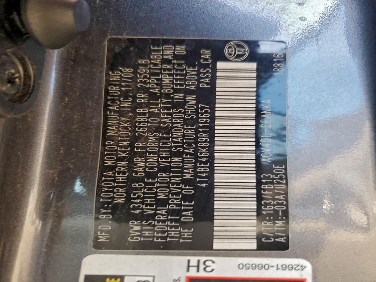 2009 Toyota Camry Base VIN: 4T4BE46K89R119657 Lot: 93771795