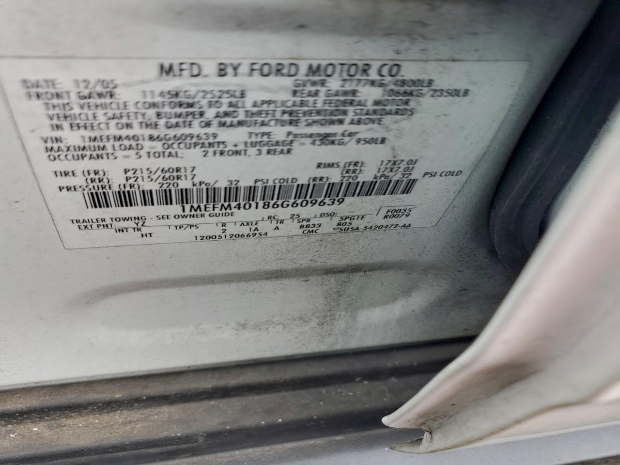 2006 Mercury Montego Luxury VIN: 1MEFM40186G609639 Lot: 94721155