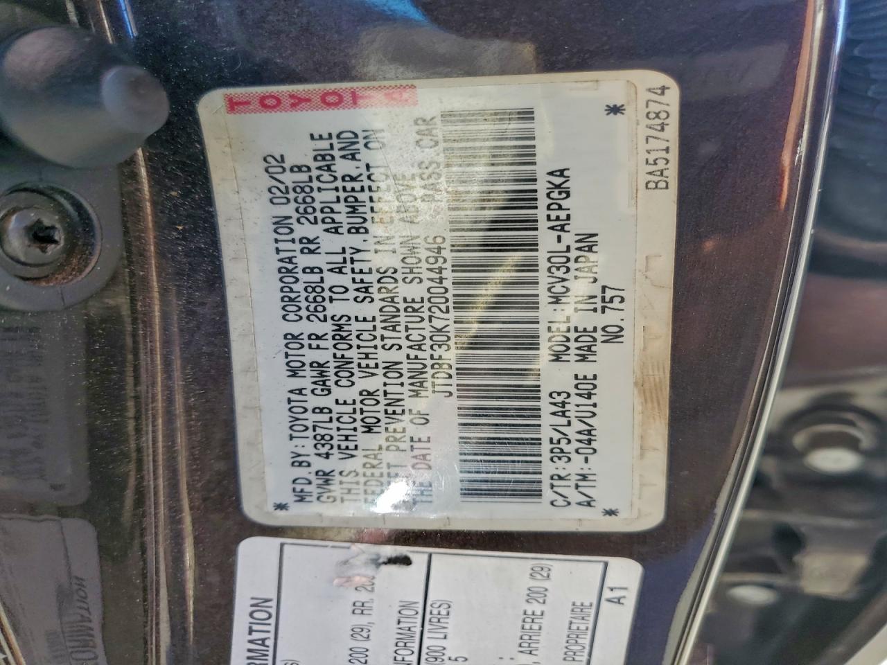 2002 Toyota Camry Le VIN: JTDBF30K720044946 Lot: 96749145