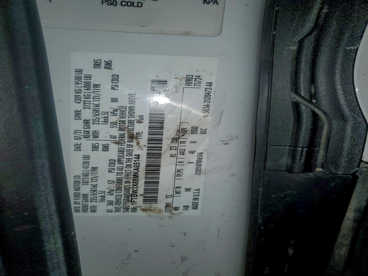 2021 Ford Transit T-350 Delivery Van VIN: 1FTBW3X88MKA65144 Lot: 94193295