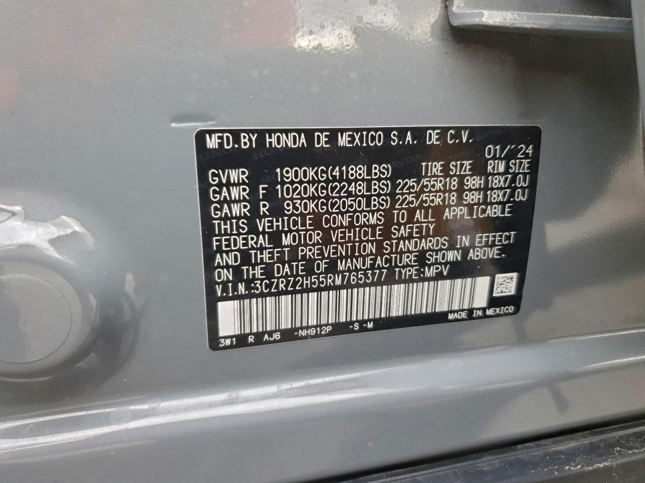 2024 Honda Hr-V Sport VIN: 3CZRZ2H55RM765377 Lot: 96125775