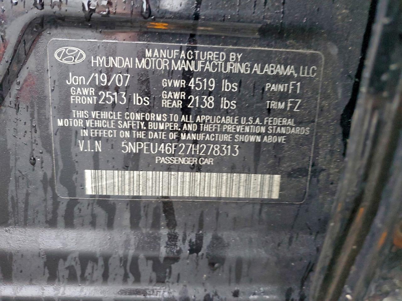 2007 Hyundai Sonata Se VIN: 5NPEU46F27H278313 Lot: 95305595