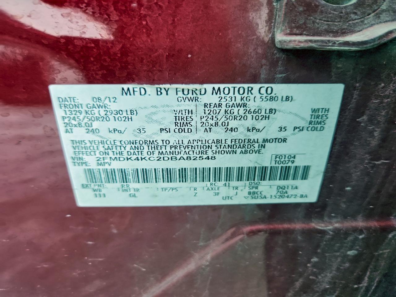 2013 Ford Edge Limited VIN: 2FMDK4KC2DBA82548 Lot: 94571425