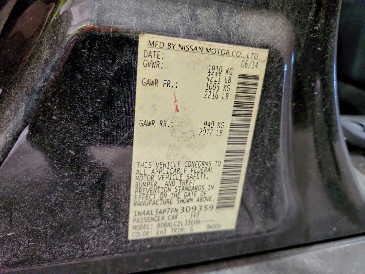 2015 Nissan Altima 2.5 VIN: 1N4AL3AP7FN309359 Lot: 94933265