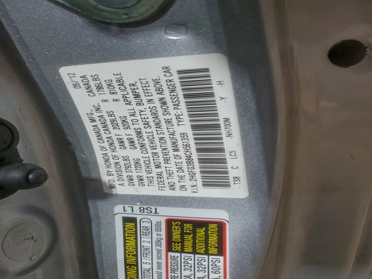 2012 Honda Civic Ex VIN: 2HGFG3B84CH561359 Lot: 96049725