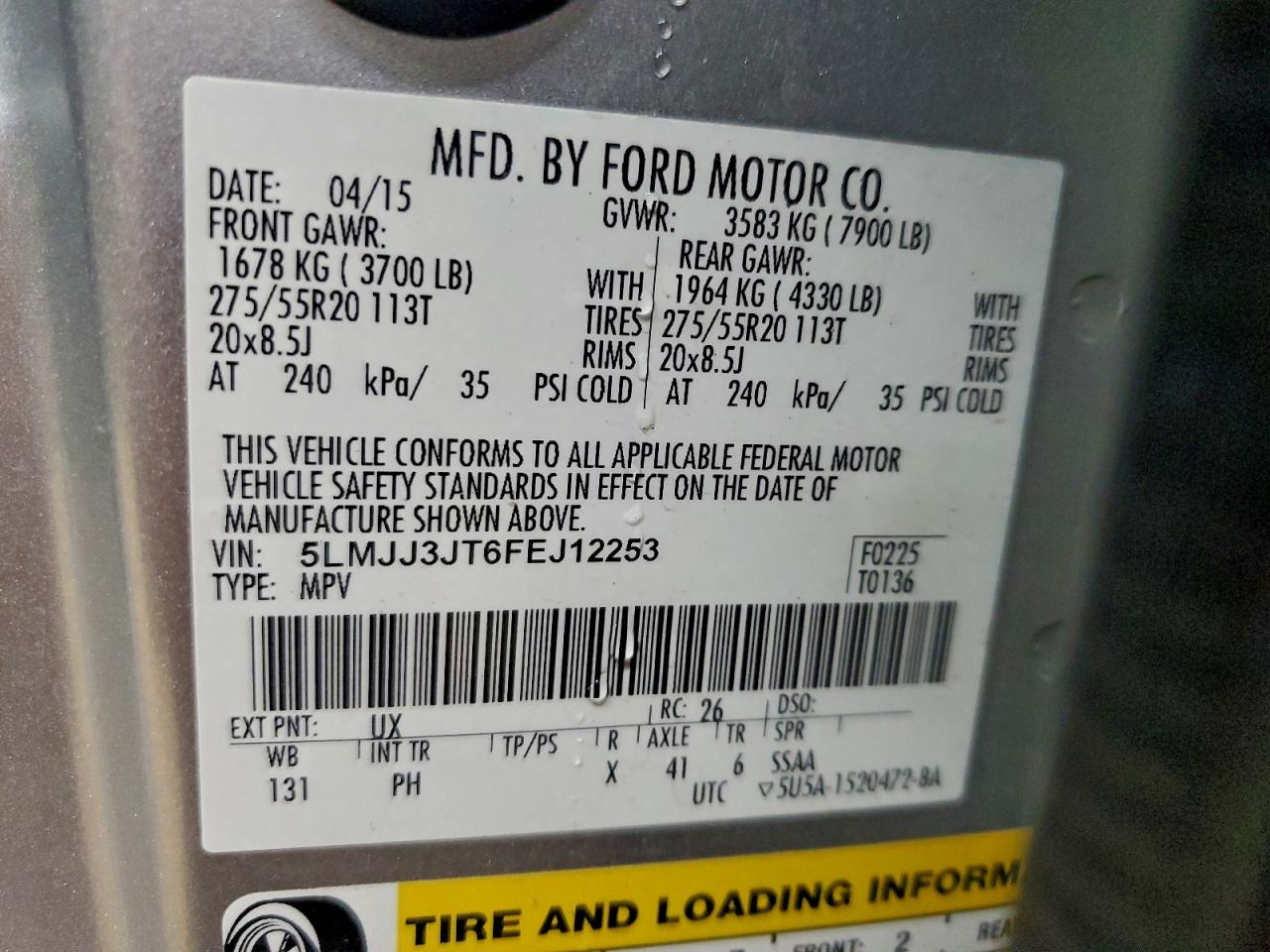 2015 Lincoln Navigator L VIN: 5LMJJ3JT6FEJ12253 Lot: 95233255