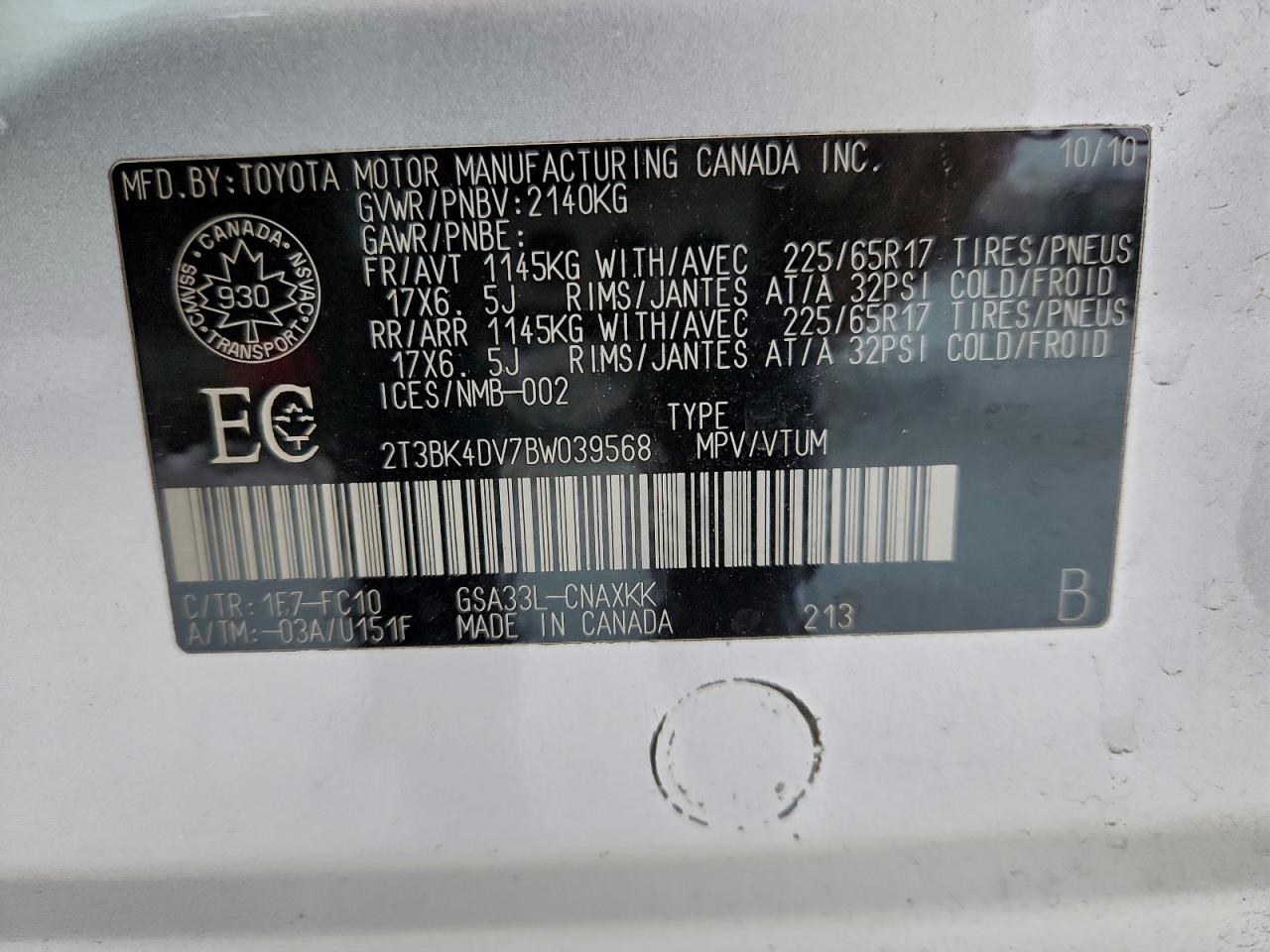 2011 Toyota Rav4 VIN: 2T3BK4DV7BW039568 Lot: 95838905