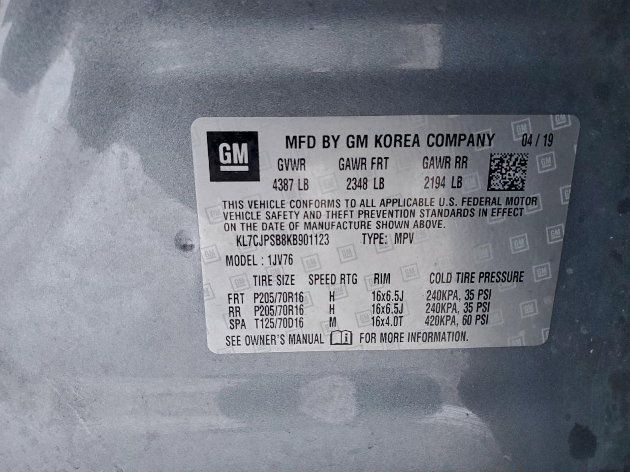 2019 Chevrolet Trax 1Lt VIN: KL7CJPSB8KB901123 Lot: 94950695