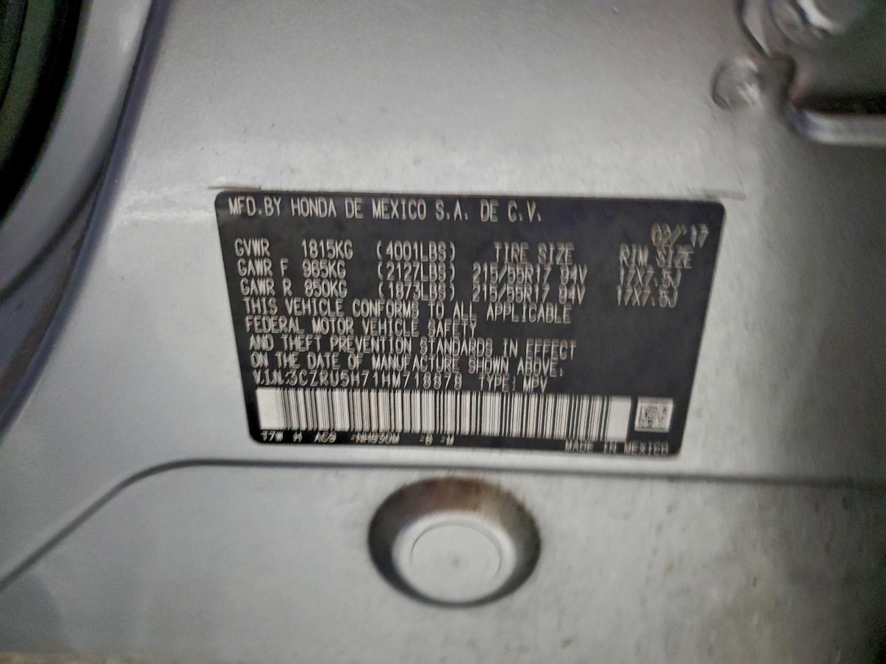 2017 Honda Hr-V Exl VIN: 3CZRU5H71HM718878 Lot: 95122685