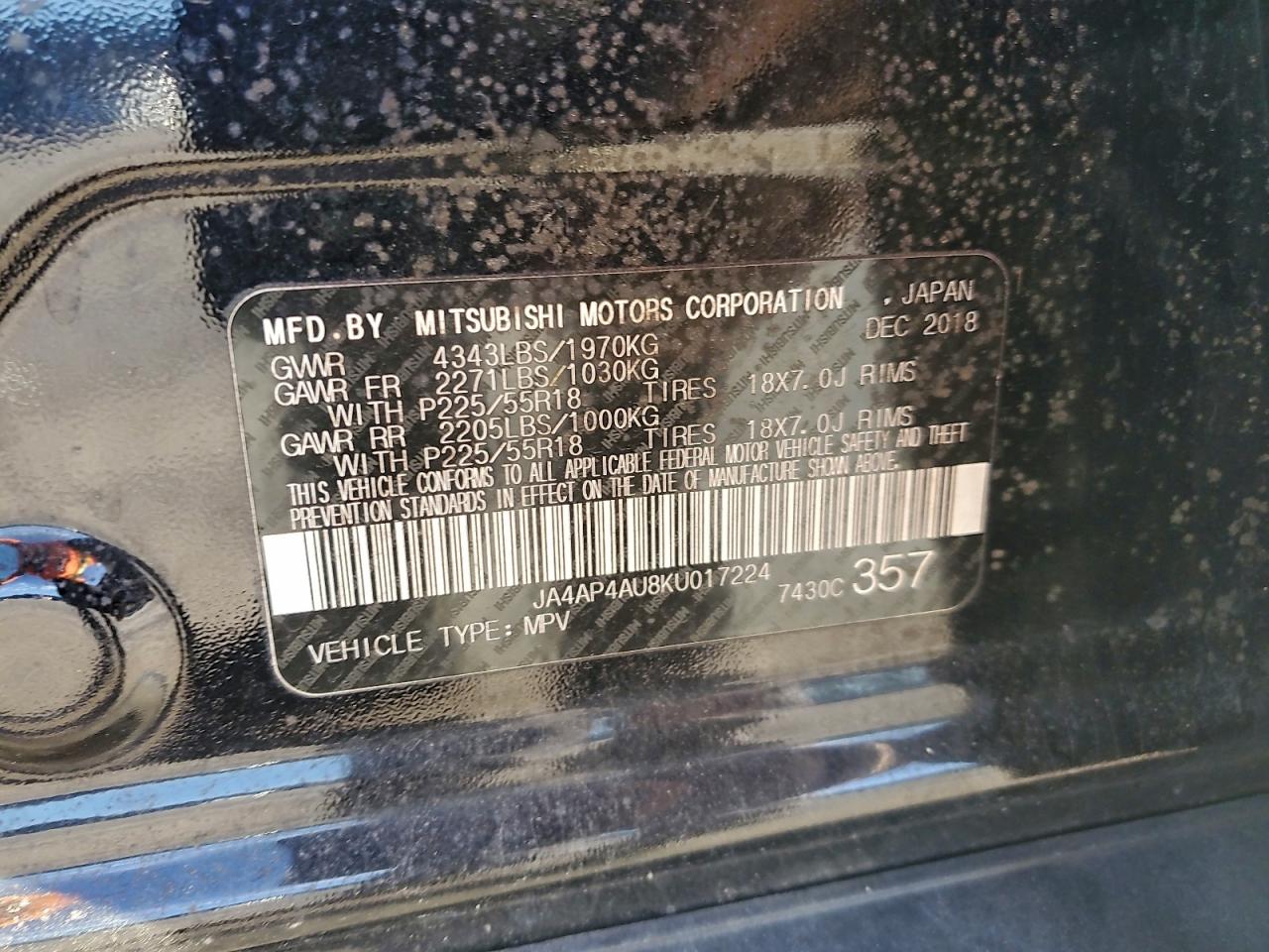 2019 Mitsubishi Outlander Sport Se VIN: JA4AP4AU8KU017224 Lot: 96114505