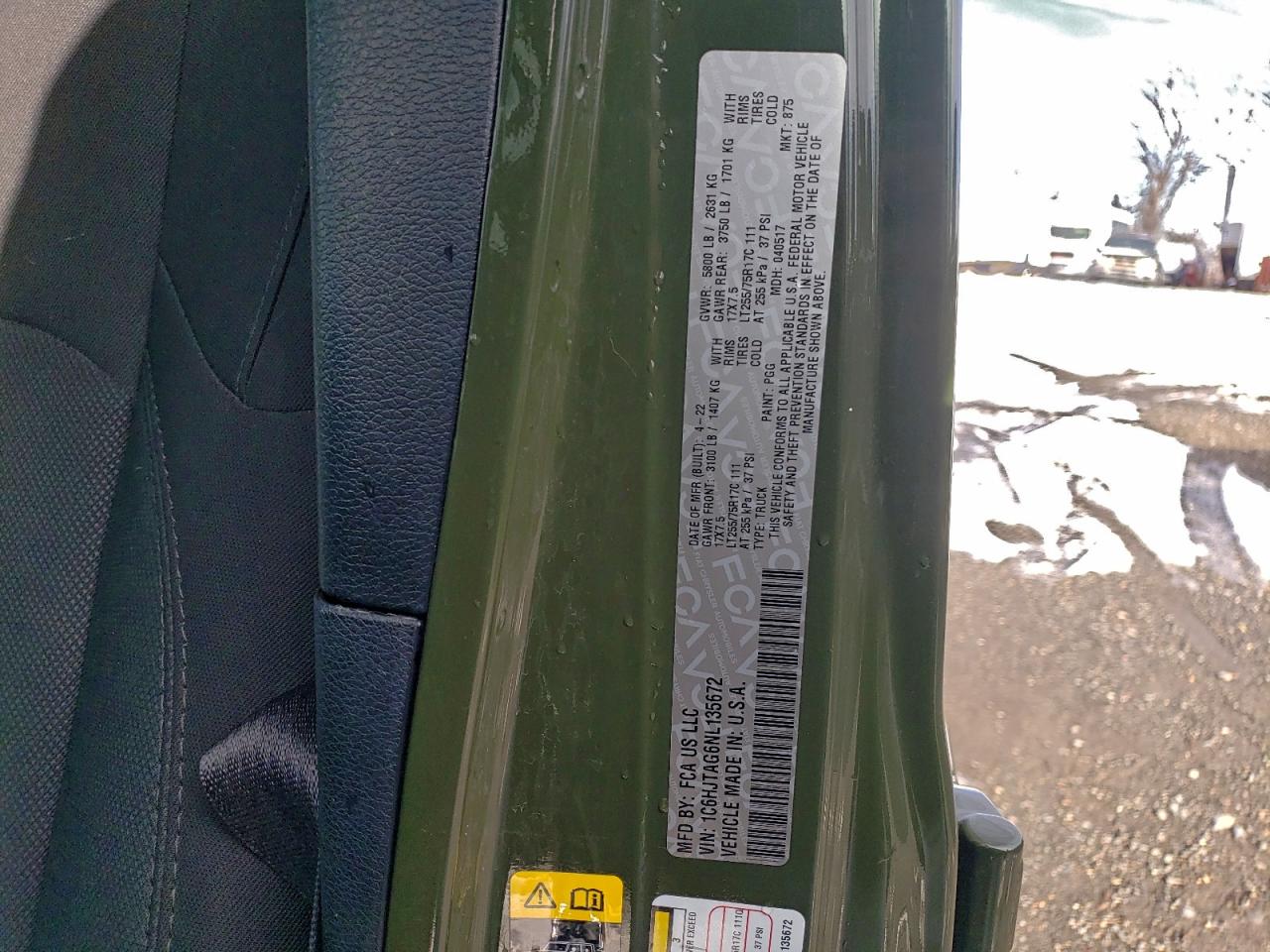 2022 Jeep Gladiator Sport VIN: 1C6HJTAG6NL135672 Lot: 96065085