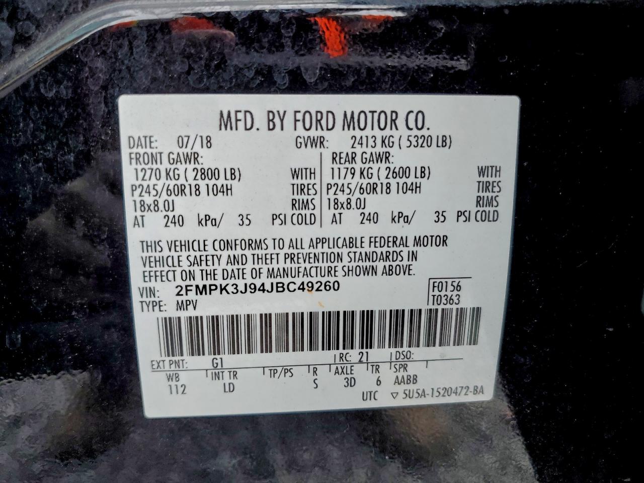 2018 Ford Edge Sel VIN: 2FMPK3J94JBC49260 Lot: 96319965