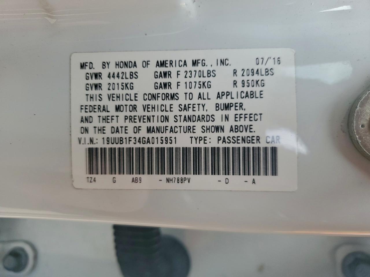 2016 Acura Tlx VIN: 19UUB1F34GA015951 Lot: 94254945