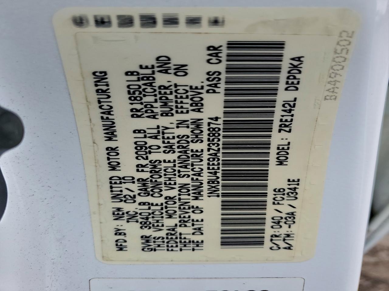 2010 Toyota Corolla Base VIN: 1NXBU4EE9AZ358874 Lot: 95272875