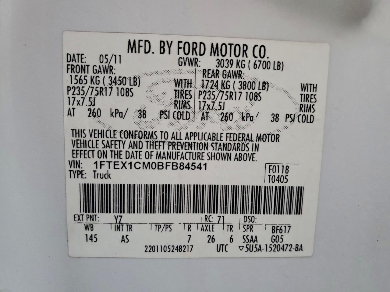 2011 Ford F150 Super Cab VIN: 1FTEX1CM0BFB84541 Lot: 96107855