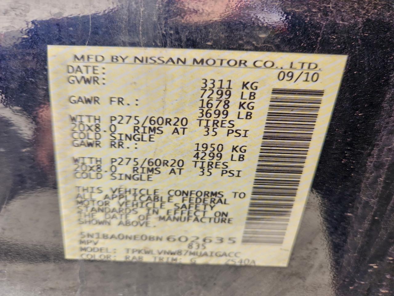 2011 Nissan Armada Platinum VIN: 5N1BA0NE0BN602635 Lot: 94713635