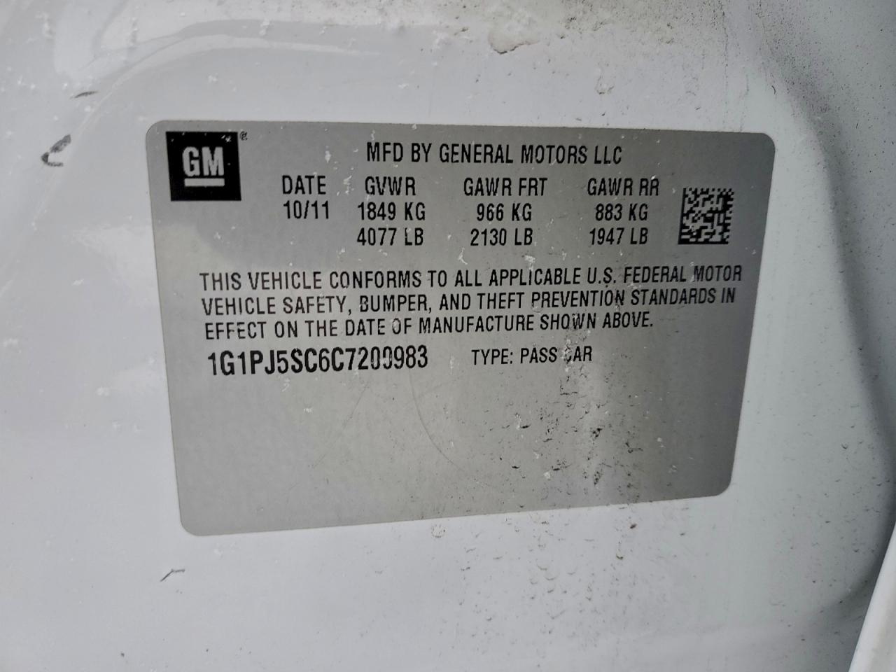 2012 Chevrolet Cruze Eco VIN: 1G1PJ5SC6C7200983 Lot: 94669915