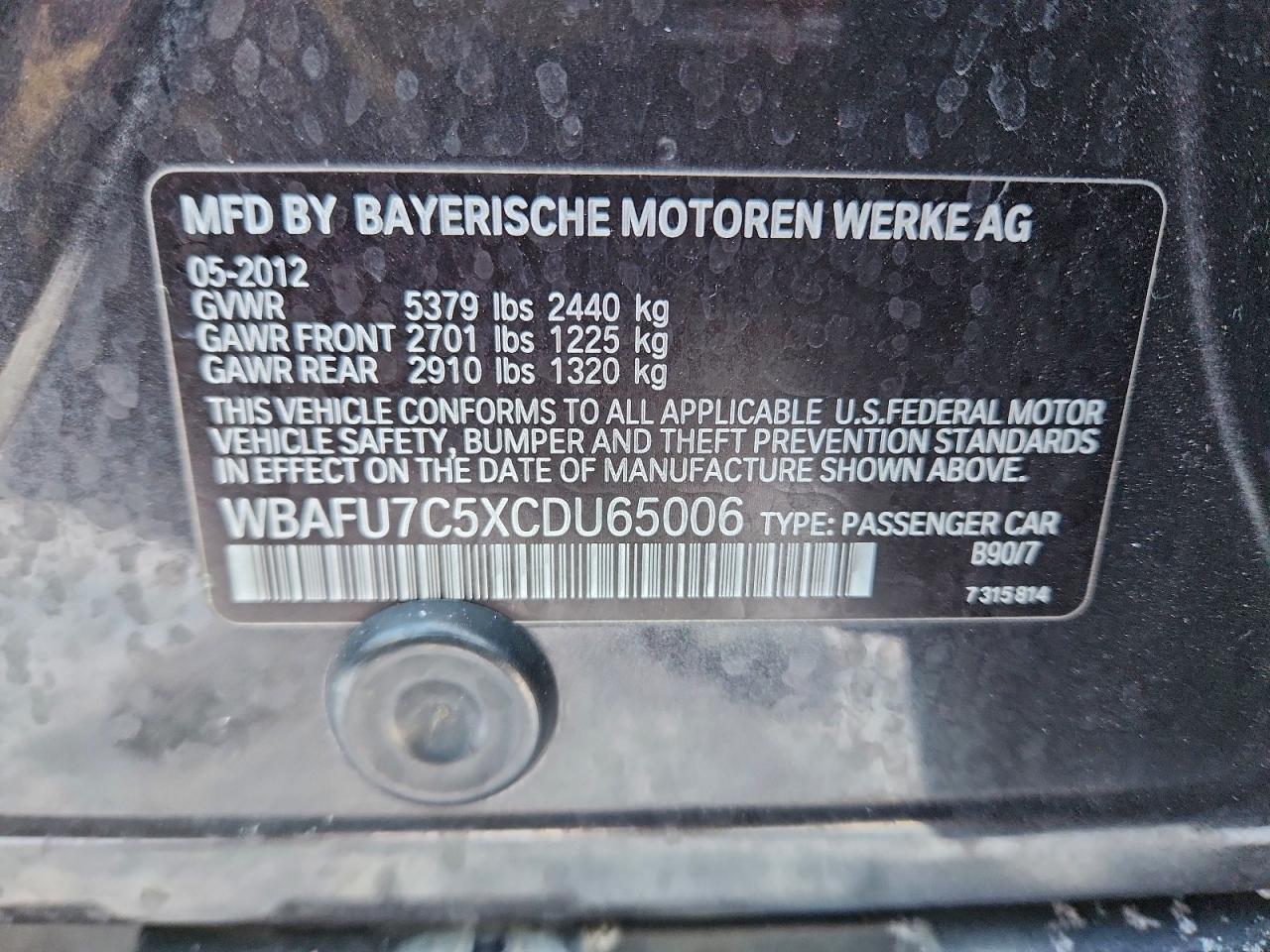 2012 BMW 535 Xi VIN: WBAFU7C5XCDU65006 Lot: 95827765