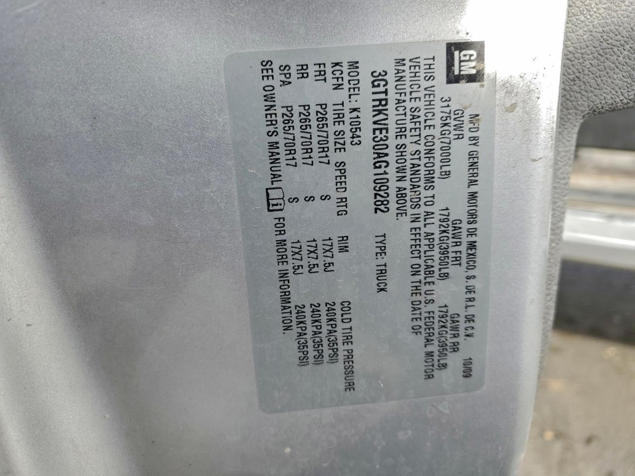 2010 GMC Sierra K1500 Sle VIN: 3GTRKVE30AG109282 Lot: 94963915