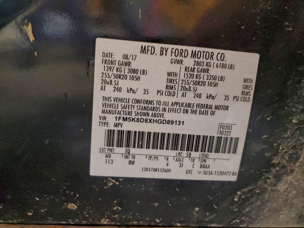 2017 Ford Explorer Xlt VIN: 1FM5K8D8XHGD89131 Lot: 94391725