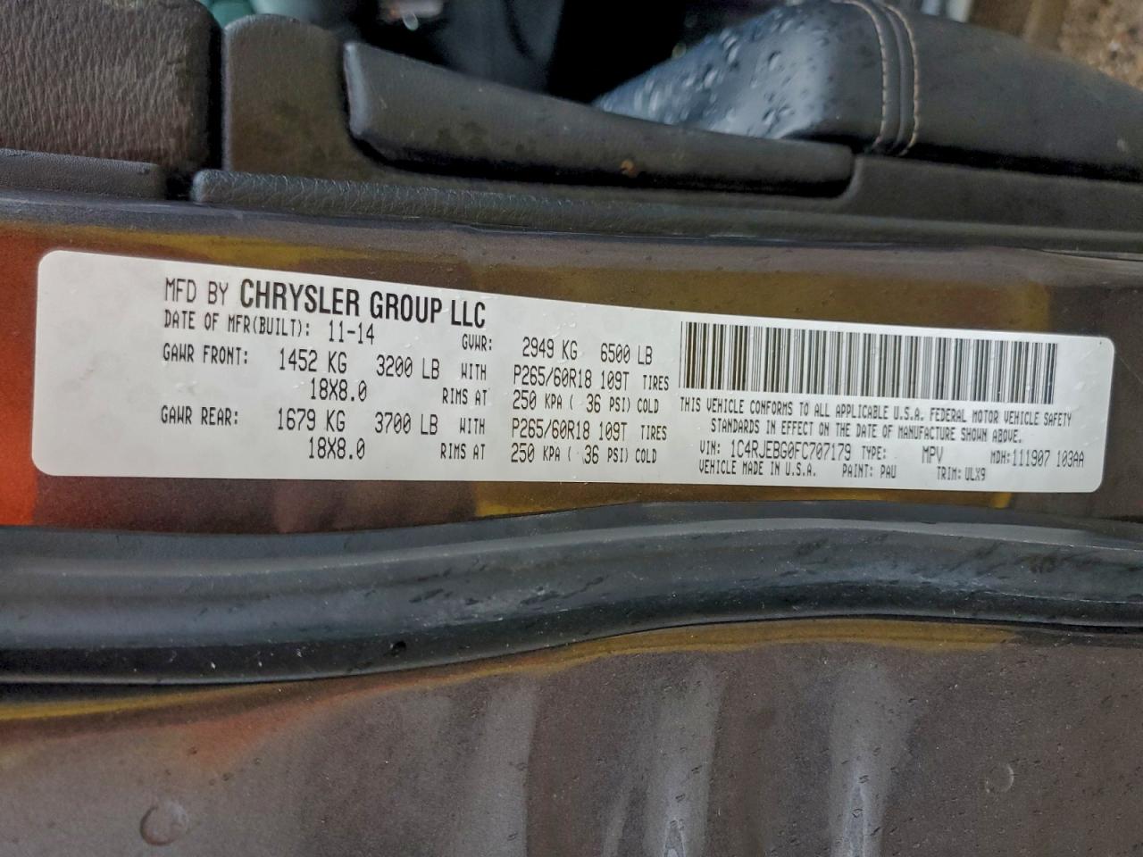 2015 Jeep Grand Cherokee Limited VIN: 1C4RJEBG0FC707179 Lot: 94947665