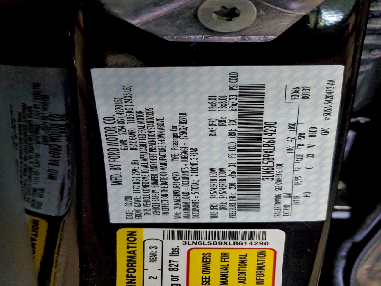 2020 Lincoln Mkz VIN: 3LN6L5B9XLR614290 Lot: 94895255