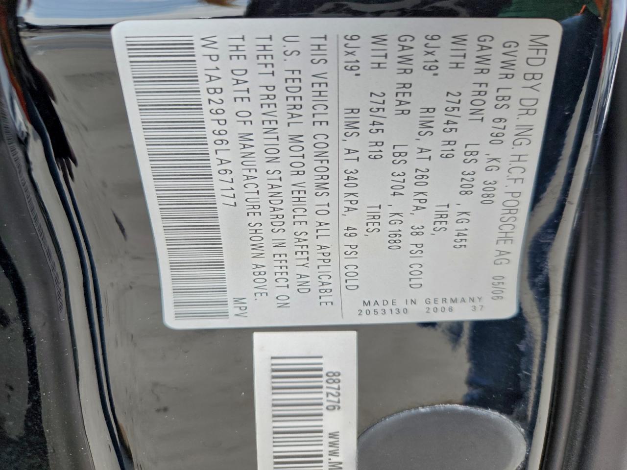 2006 Porsche Cayenne S VIN: WP1AB29P96LA67177 Lot: 94046285