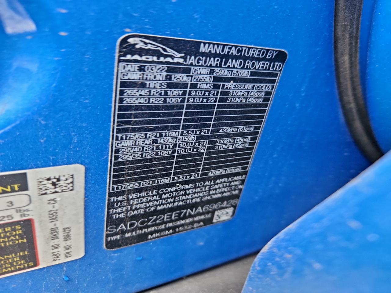 2022 Jaguar F-Pace Svr VIN: SADCZ2EE7NA696428 Lot: 97017585