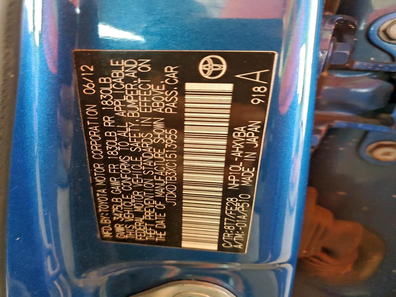 2012 Toyota Prius C VIN: JTDKDTB3XC1513955 Lot: 96995815