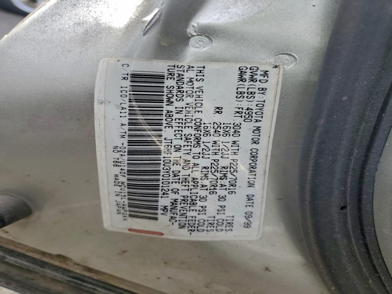 2000 Lexus Rx 300 VIN: JT6HF10U3Y0101241 Lot: 93642145