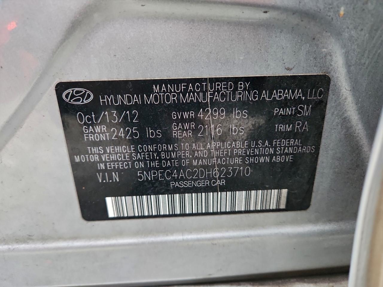 2013 Hyundai Sonata Se VIN: 5NPEC4AC2DH623710 Lot: 94935565
