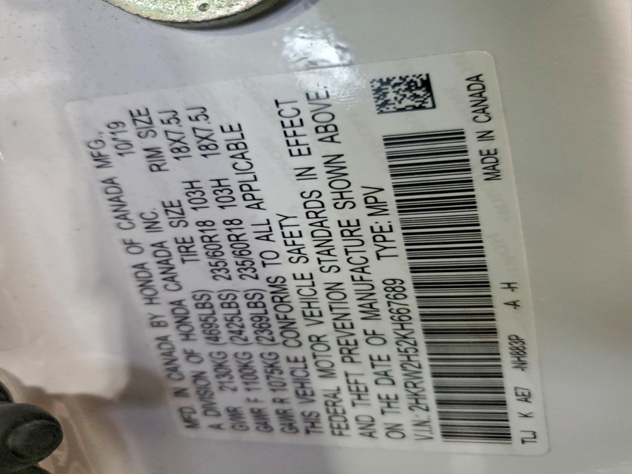 2019 Honda Cr-V Ex VIN: 2HKRW2H52KH667689 Lot: 94821515