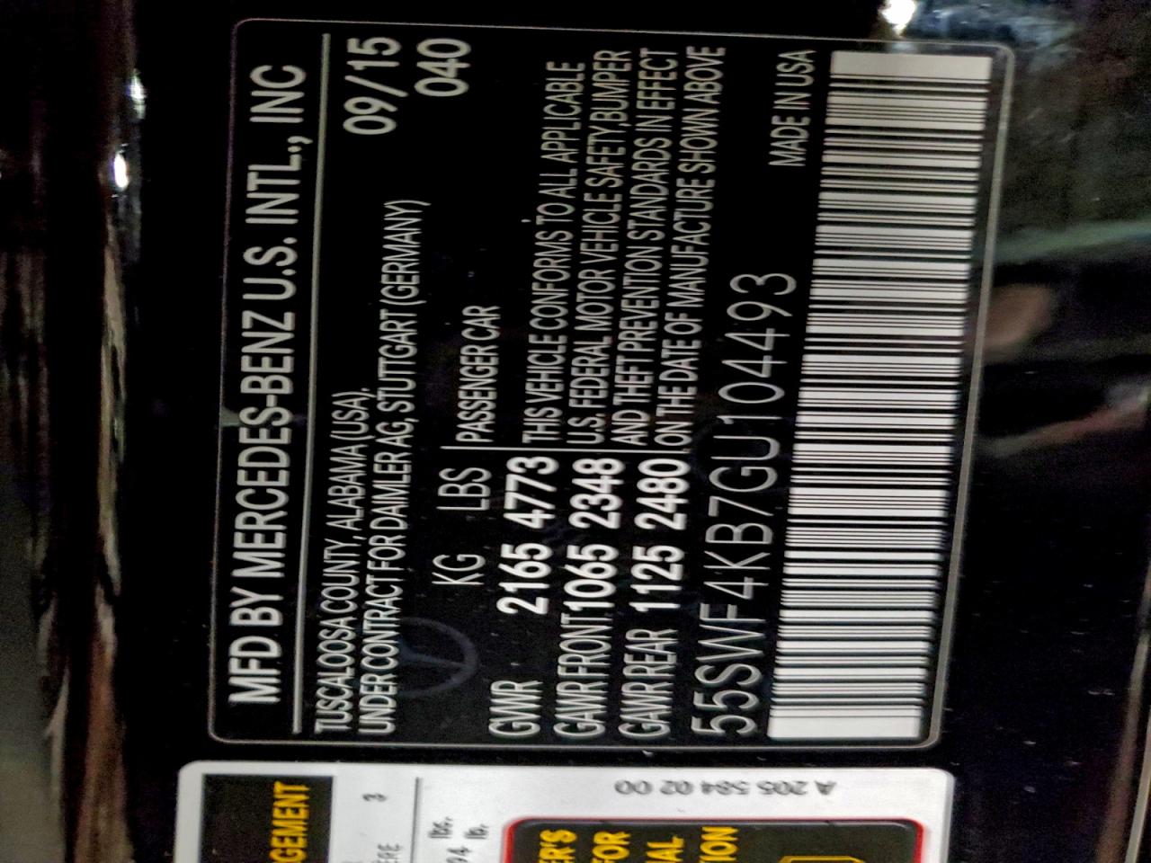 2016 Mercedes-Benz C 300 4Matic VIN: 55SWF4KB7GU104493 Lot: 95411195