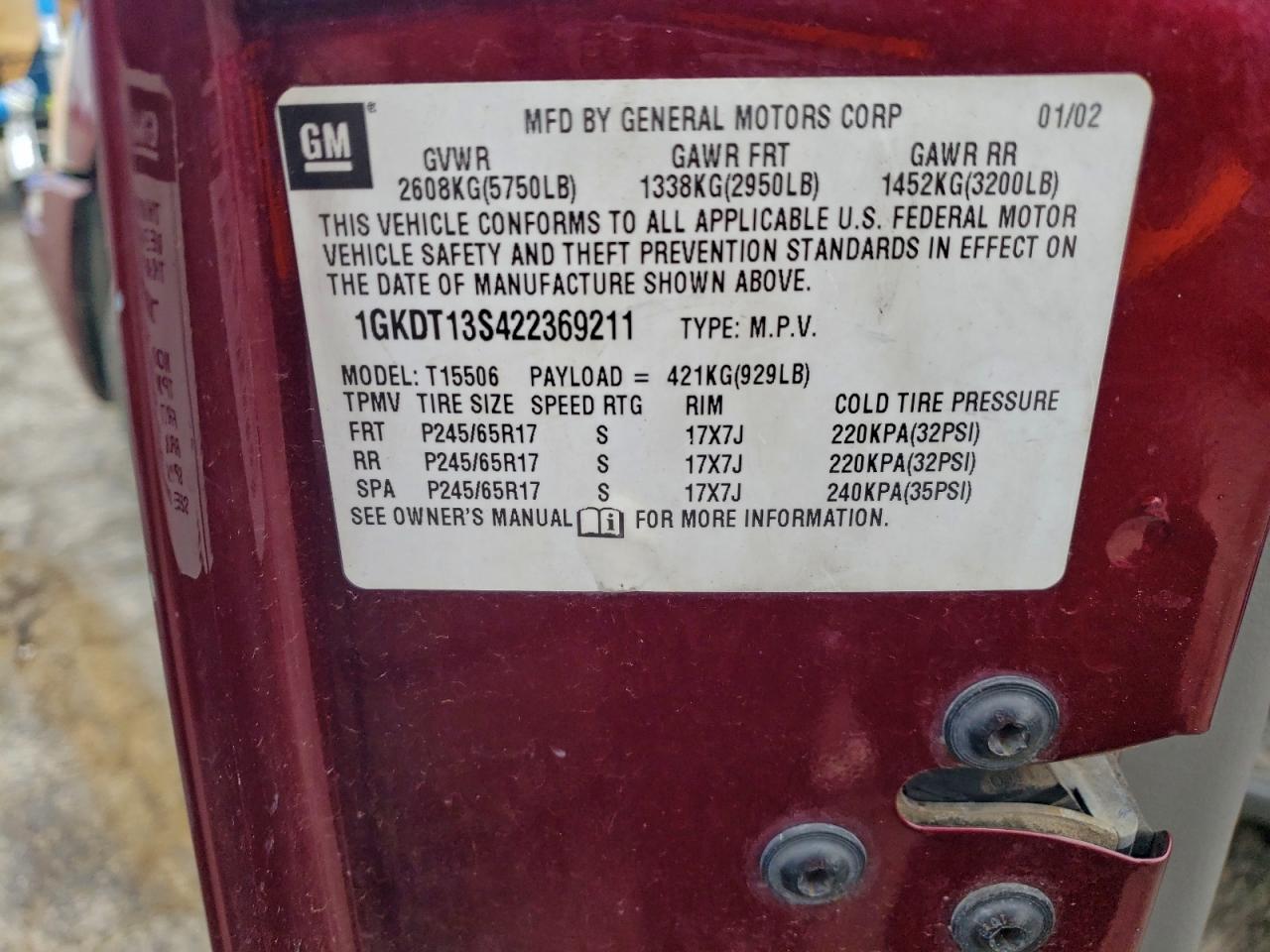 2002 GMC Envoy VIN: 1GKDT13S422369211 Lot: 96599835