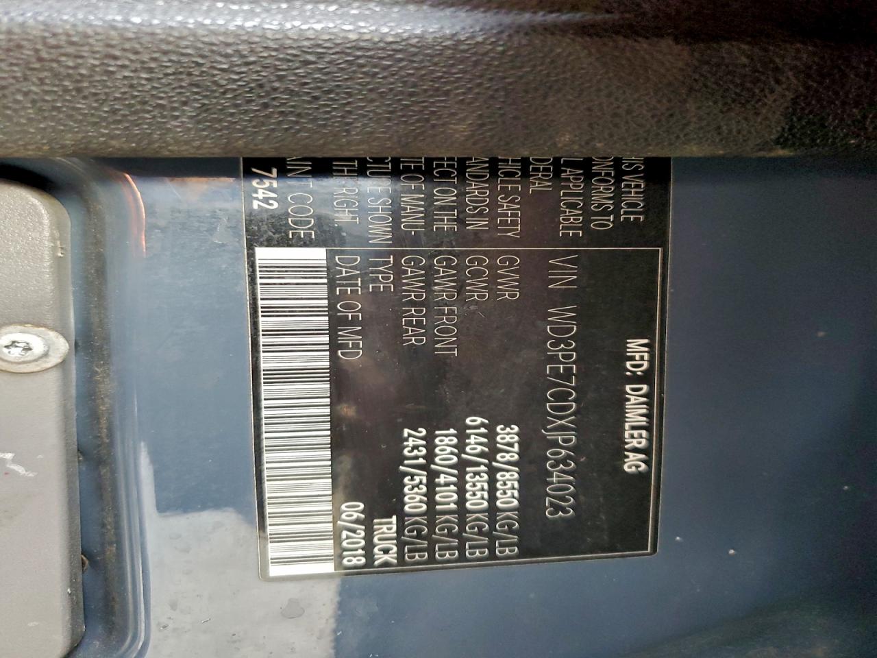 2018 Mercedes Benz Sprinter 2500 Delivery Van VIN: WD3PE7CDXJP634023 Lot: 95481285