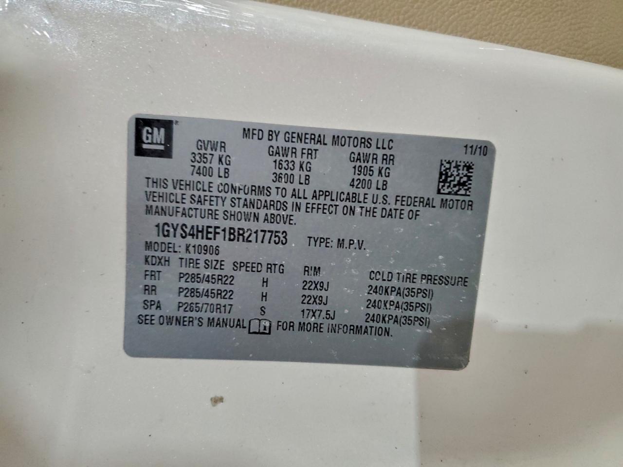 2011 Cadillac Escalade Esv Luxury VIN: 1GYS4HEF1BR217753 Lot: 96511625